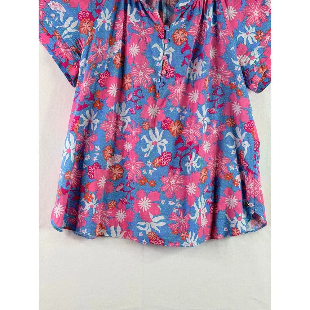 Hatley Short Sleeve Peasant Blouse Floral Pink Blue Womens Large